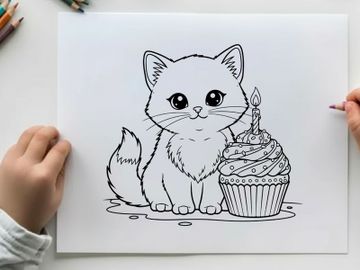 Cute white kitten with birthday cupcake vector illustration preview picture