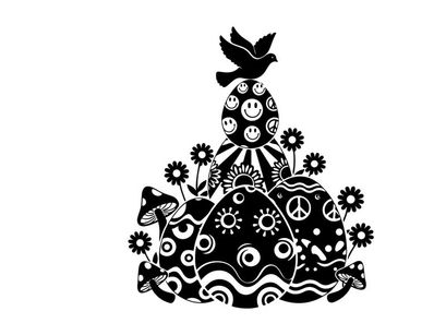 Black silhouette art of a smiling mushroom with flowers and peace signs