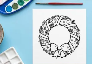 Christmas wreath line art illustration with festive bow and pine branches for coloring page.