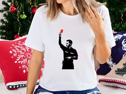 Police officer holding a red card or ticket in a black and white illustration