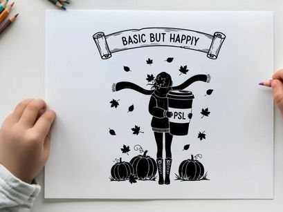 Silhouette of a happy woman with pumpkins and psl silhouette