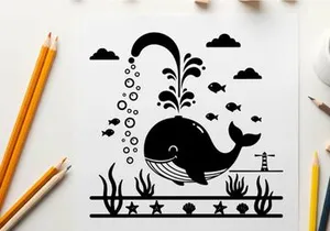 Whale silhouette swimming underwater with sea creatures and plants silhouette