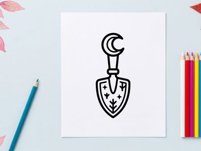 Emblema escudo de Halloween com caveira assustadora e espadas cruzadas. Brasão de fantasia gótica para celebrações sombrias e designs temáticos de horror.