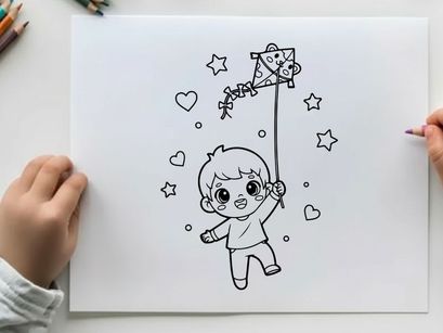 Cute child fishing with stars and hearts vector illustration