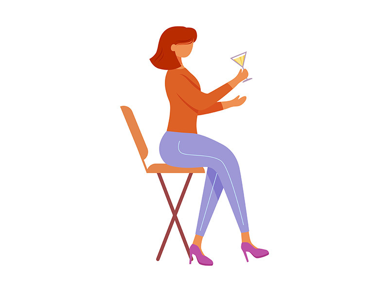 Girl with cocktail sitting on chair flat vector illustration