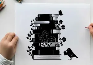 Silhouette of books with flowers bird and butterfly