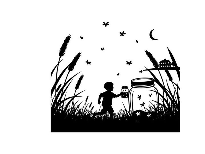 Child releasing fireflies in a serene silhouette landscape at dusk