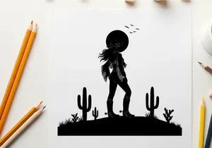 Silhouette of a cowboy standing on a desert hill