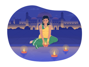Diwali girl setting adrift diya on river 2D vector isolated illustration preview picture