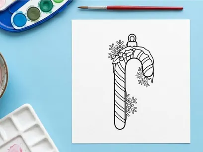 Christmas candy cane ornament line art illustration with holly and snowflakes