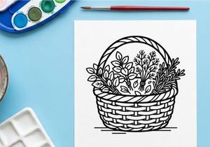 Hand-drawn Halloween wicker basket filled with autumn flowers. Vintage styled woven container holding seasonal blooms and foliage for fall decor.
