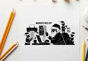 Santa claus checking naughty or nice list on computer silhouette