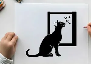 Black silhouette cat looking at birds through a window silhouette