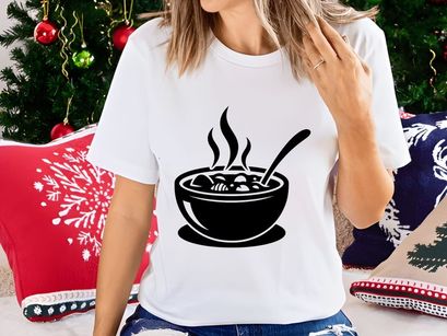 Hot soup bowl steaming spoon minimalist black white illustration