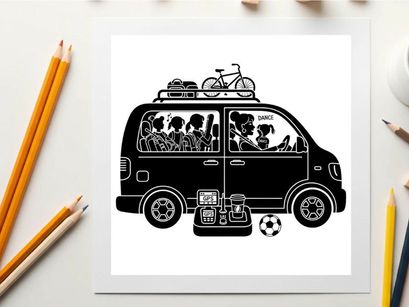 Silhouette of a family's road trip adventure with bicycle and soccer ball