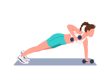 Woman doing push ups with dumbbells flat color vector faceless character preview picture