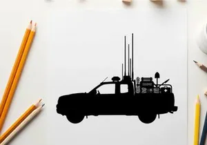 Silhouette of a truck with communications equipment and antennae