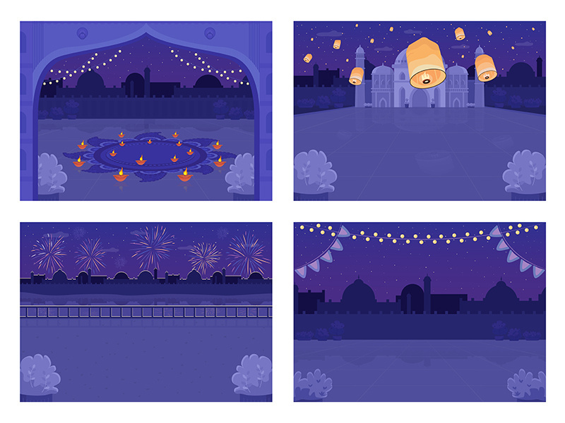 Night Hindu holiday celebration flat color vector illustration set