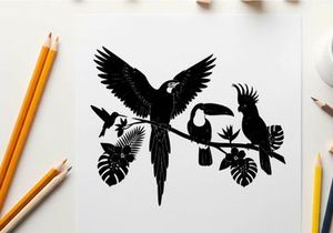 Tropical bird silhouette with exotic leaves and colorful avian friends silhouette