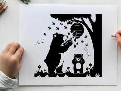 Silhouette of bear and cub near beehive under tree