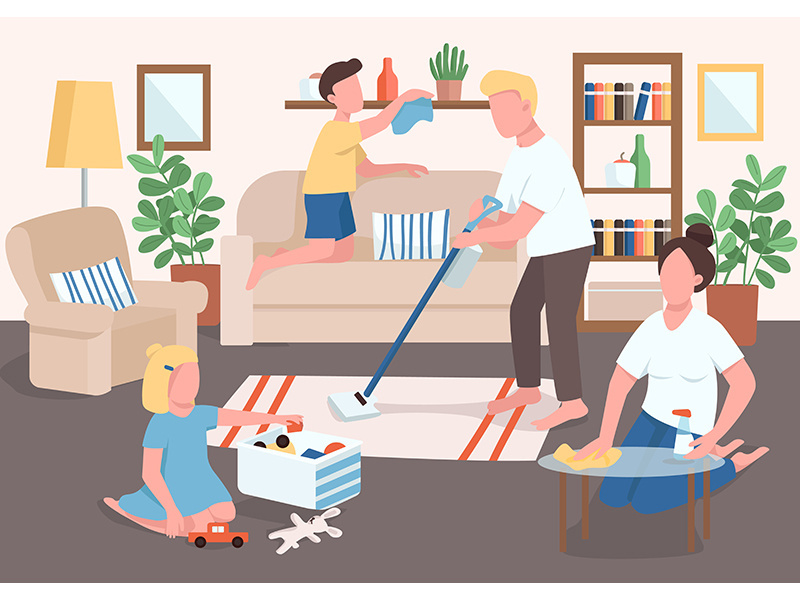 Parents and children cleaning flat color vector illustration