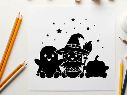 Halloween silhouette of cat ghost and jack o lantern under starry night