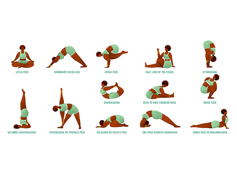 Yoga poses flat vector illustrations set
