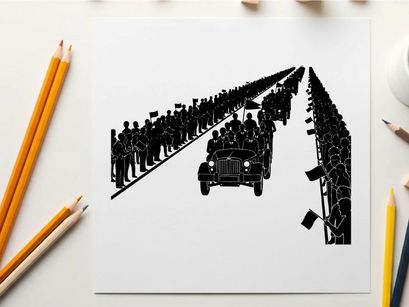 Silhouette of a military parade with soldiers and vehicles