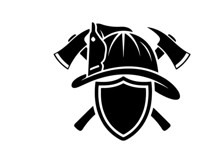 Firefighter silhouette logo with helmet shield axes and coat
