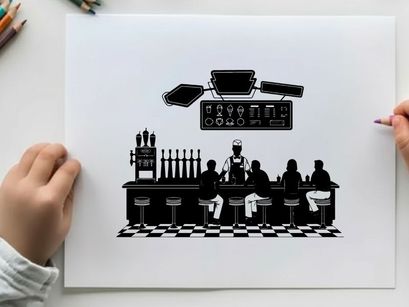 Silhouette of people sitting at a diner counter with chef