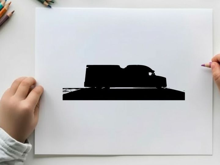 Silhouette of a large truck driving on a road against a white background