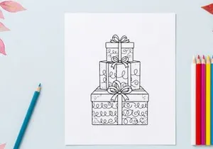 Hand-drawn stacked Christmas gift boxes with ribbons and floral pattern for festive holiday decor