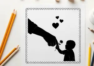 Silhouette of a child receiving a flower with hearts