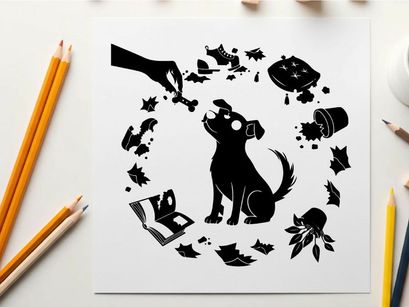 Silhouette of a dog surrounded by various objects circularly arranged