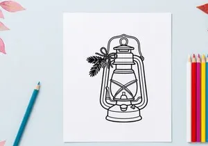 Christmas lantern line art illustration with pine branches and a festive bow