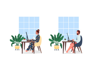 Freelancers at desk flat color vector character set preview picture
