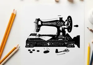 Vintage sewing machine with accessories in silhouette