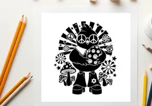 Groovy silhouette of a bird with peace signs and psychedelic patterns