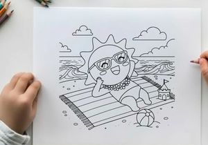 Sun character shocked at beach vector illustration flat design