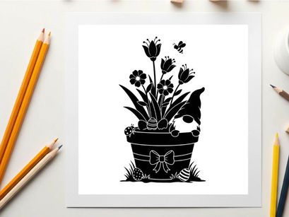 Silhouette of a dog peeking from behind flowers in a decorated pot