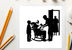 Silhouette of a family in a domestic scene with a barbers chair