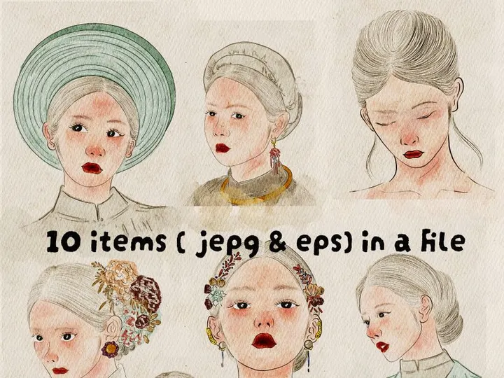 Vintage Asian Women Portraits Illustration Bundle – 10 Hand-Drawn Illustrations