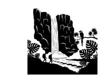 Silhouette of a tropical waterfall scene with hikers and a parrot
