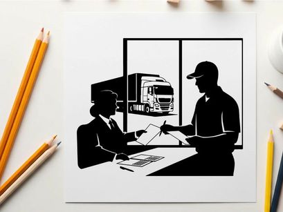 Businessman and delivery man in silhouette discussing documents by window with truck outside