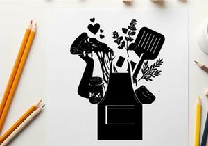 Silhouette of italian kitchen utensils and wine bottle
