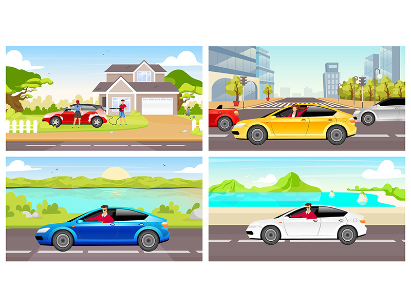 People with automobiles flat color vector illustrations set