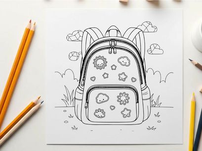 Cute school backpack with smiling sun and stars vector illustration