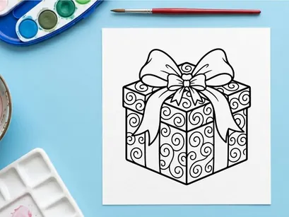 Weihnachtsgeschenkbox mit Schleifenmuster-Band, Schwarz-Weiß-Linienkunst-Farbseite-Design.