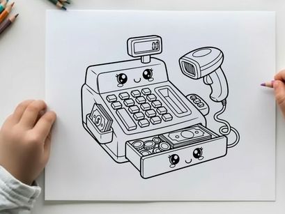 Cute cash register with scanner vector illustration