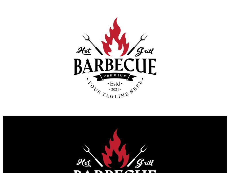 Simple Barbecue Vintage hot grill, with crossed flames and spatula. Logo for restaurant, badge, cafe and bar.vector